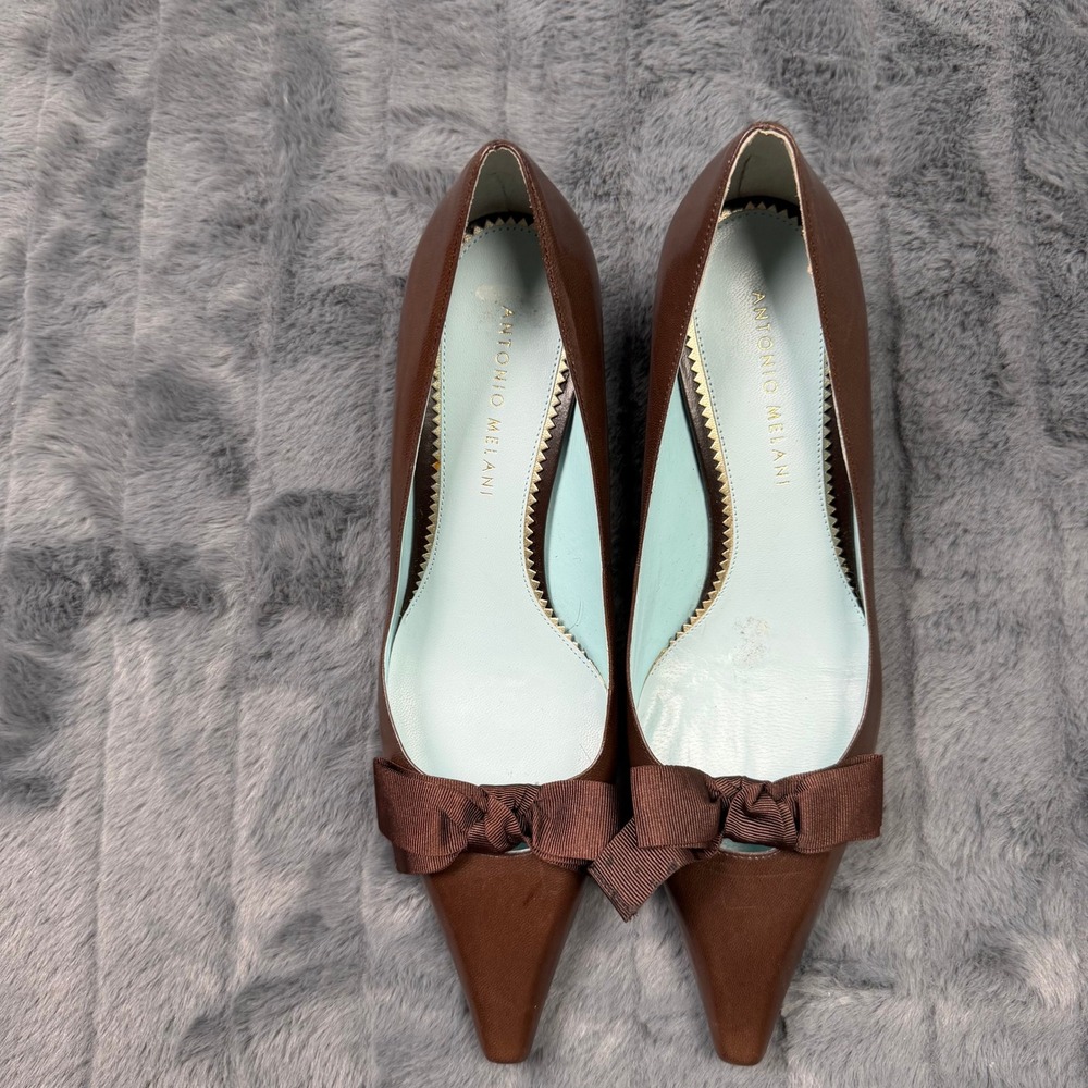 Antonio Melani Pumps Women 7M Brown Leather Pointed Toe Bow Kitten Heel - Picture 3 of 10